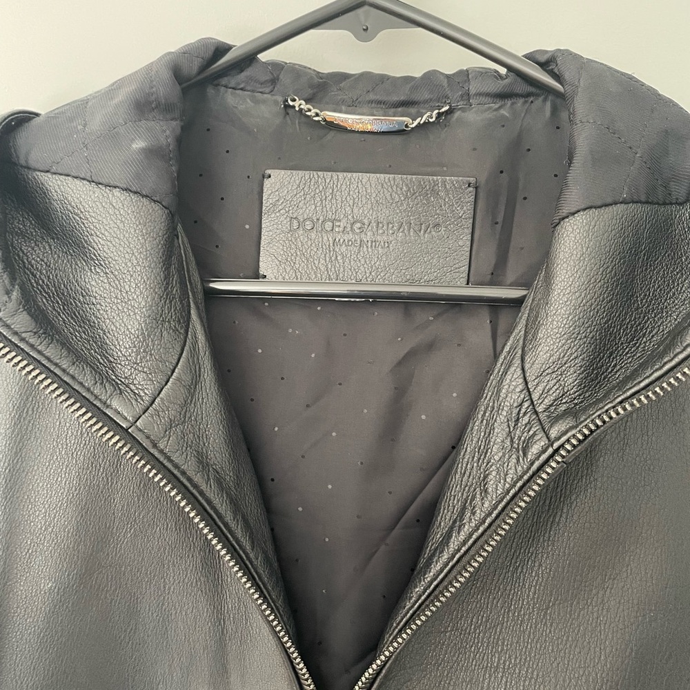 Dolce & Gabbana Black Leather Bomber Jacket with Hood - Picture 9 of 9